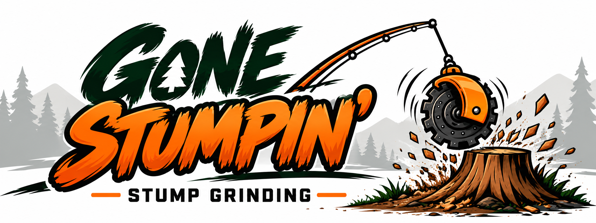 Gone Stumpin' stump grinding, a fishing rod dangling a grinder wheel over one very nervous stump
